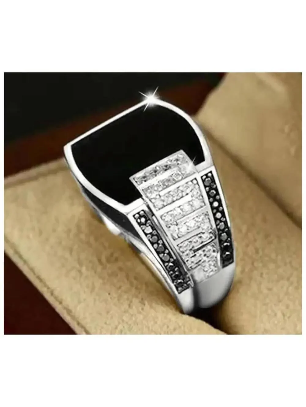 Black ring - silver - Enamel and CZs - size 10.